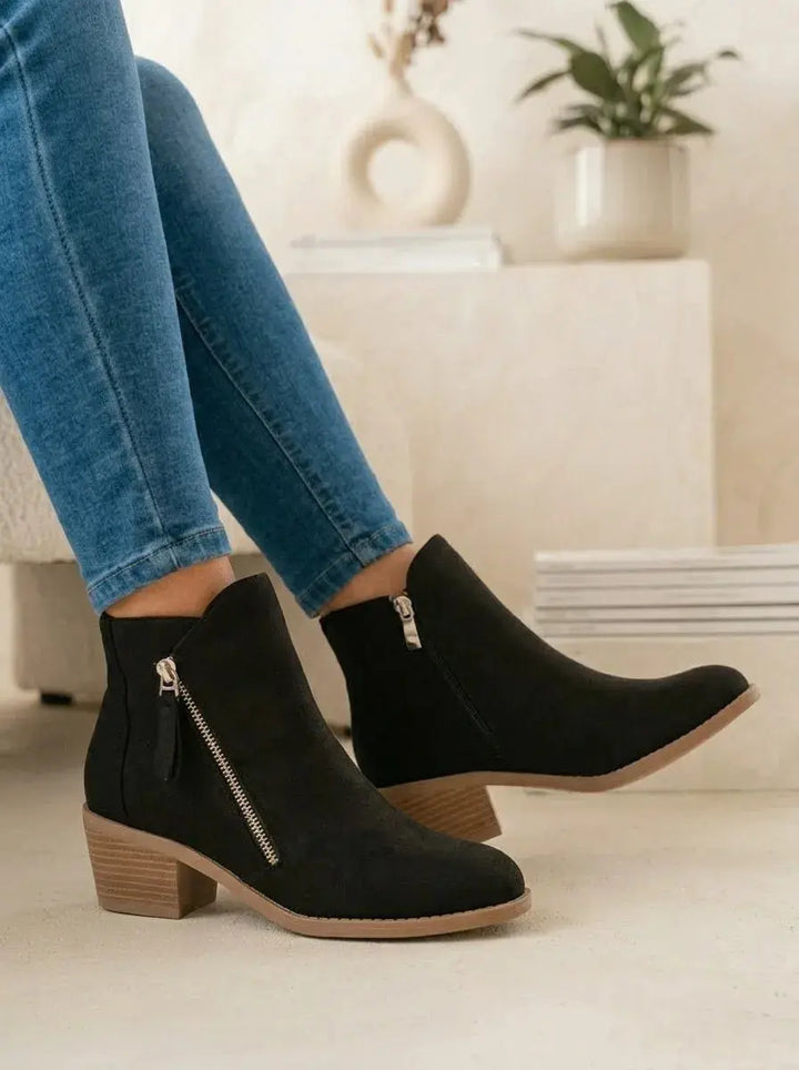 Ankle Boots Women Low Block Heel Side Zip – Casual