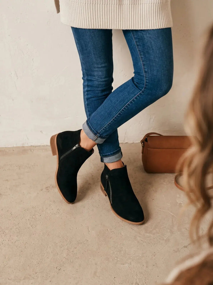 Ankle Boots Women Low Block Heel Side Zip – Casual