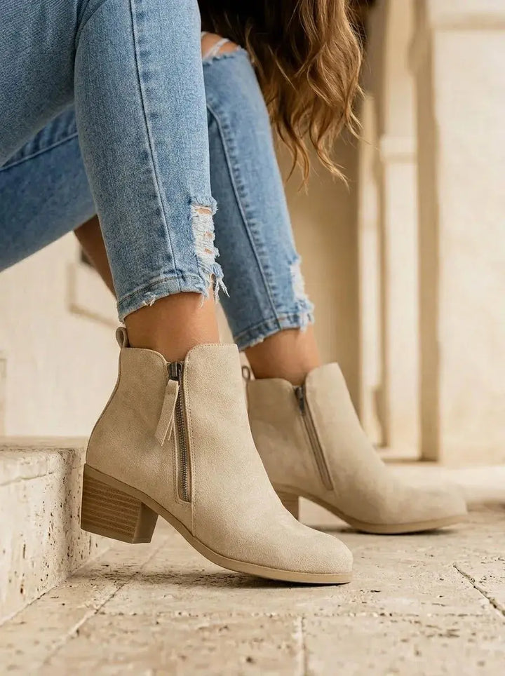 Ankle Boots Women Low Block Heel Side Zip – Casual