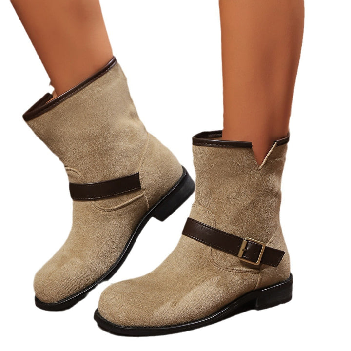 Ankle Boots Women V-Cut Buckle Low Block Heel – Casual