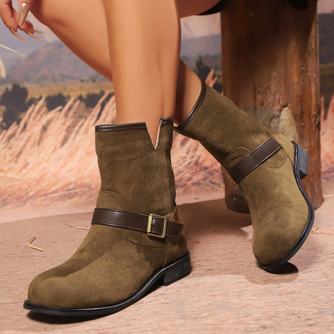Ankle Boots Women V-Cut Buckle Low Block Heel – Casual