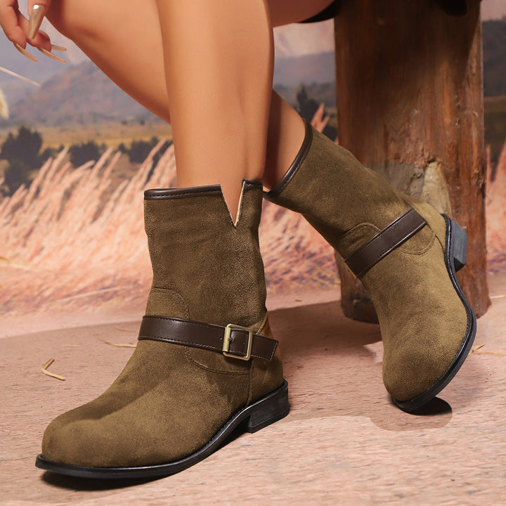 Ankle Boots Women V-Cut Buckle Low Block Heel – Casual