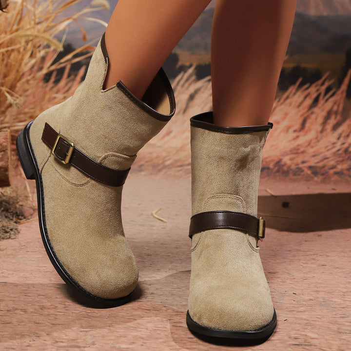 Ankle Boots Women V-Cut Buckle Low Block Heel – Casual