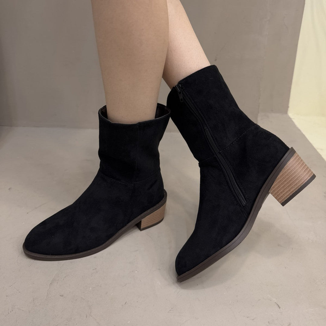 Ankle Boots Women Suede Look Mid-High Block Heel – Casual