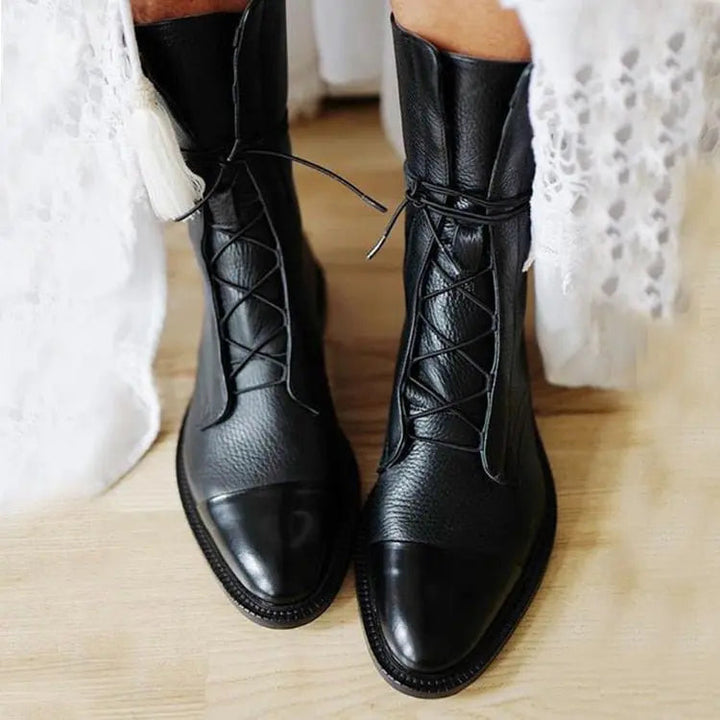 Boots Women Ankle Faux Leather Lace-Up – Casual
