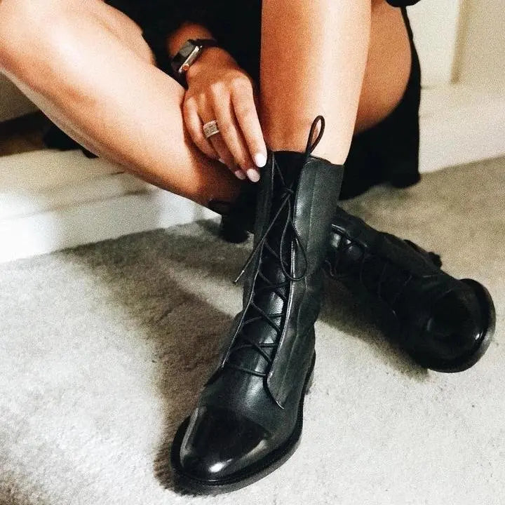 Boots Women Ankle Faux Leather Lace-Up – Casual