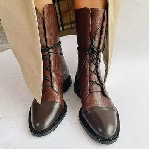 Boots Women Ankle Faux Leather Lace-Up – Casual