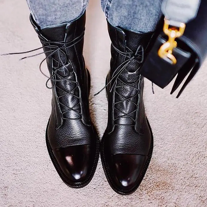 Boots Women Ankle Faux Leather Lace-Up – Casual