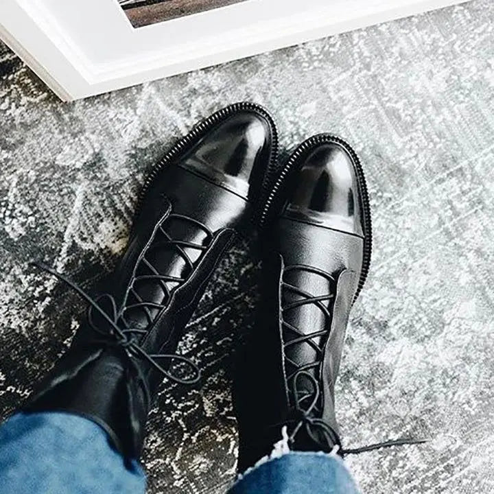Boots Women Ankle Faux Leather Lace-Up – Casual