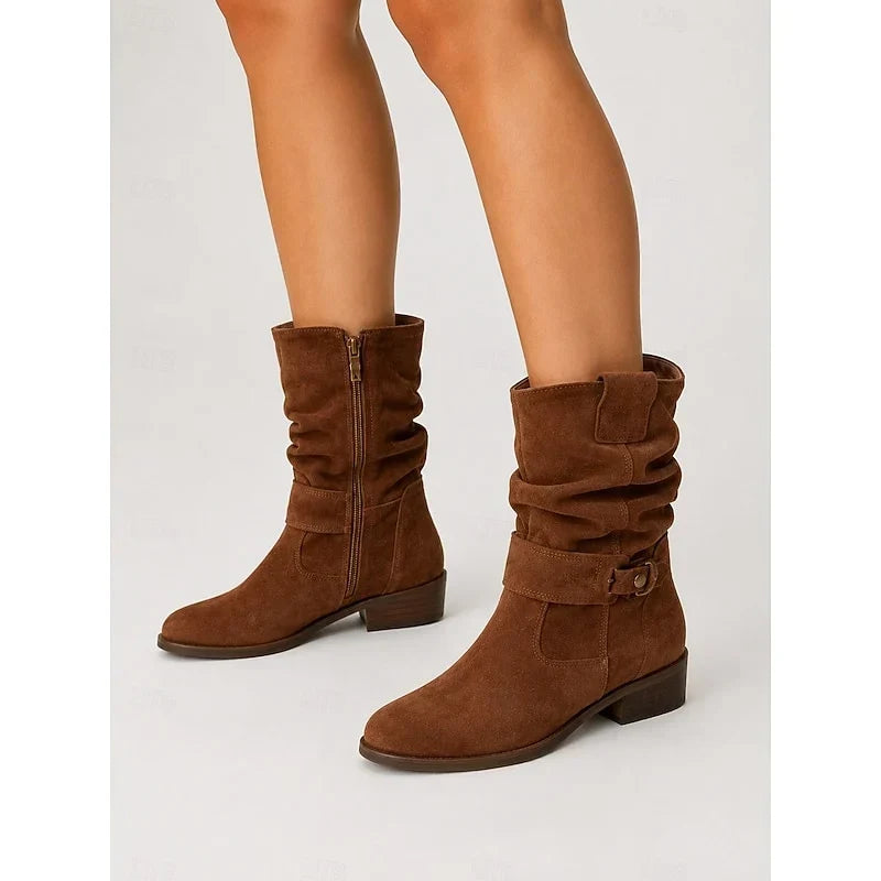Boots Women Suede Look Block Heel Pointed Toe – Winter