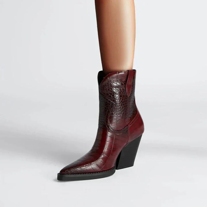 Boots Women Croc Print Pointed Toe Block Heel – Casual