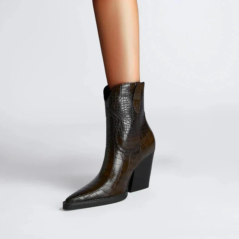Boots Women Croc Print Pointed Toe Block Heel – Casual