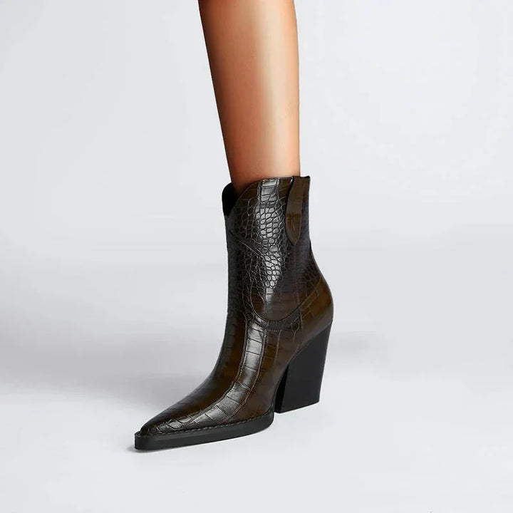 Boots Women Croc Print Pointed Toe Block Heel – Casual