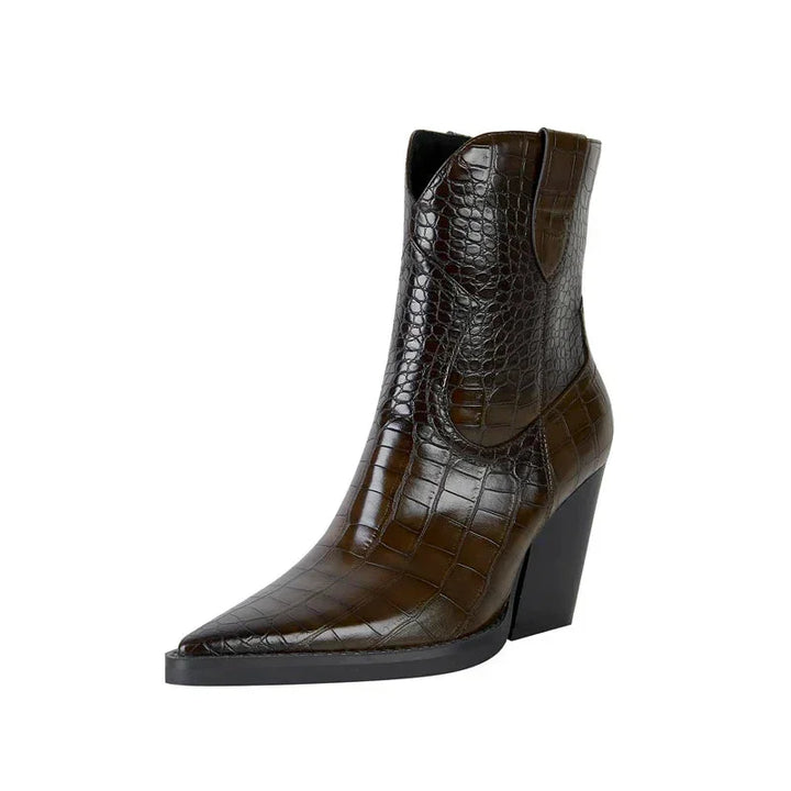 Boots Women Croc Print Pointed Toe Block Heel – Casual