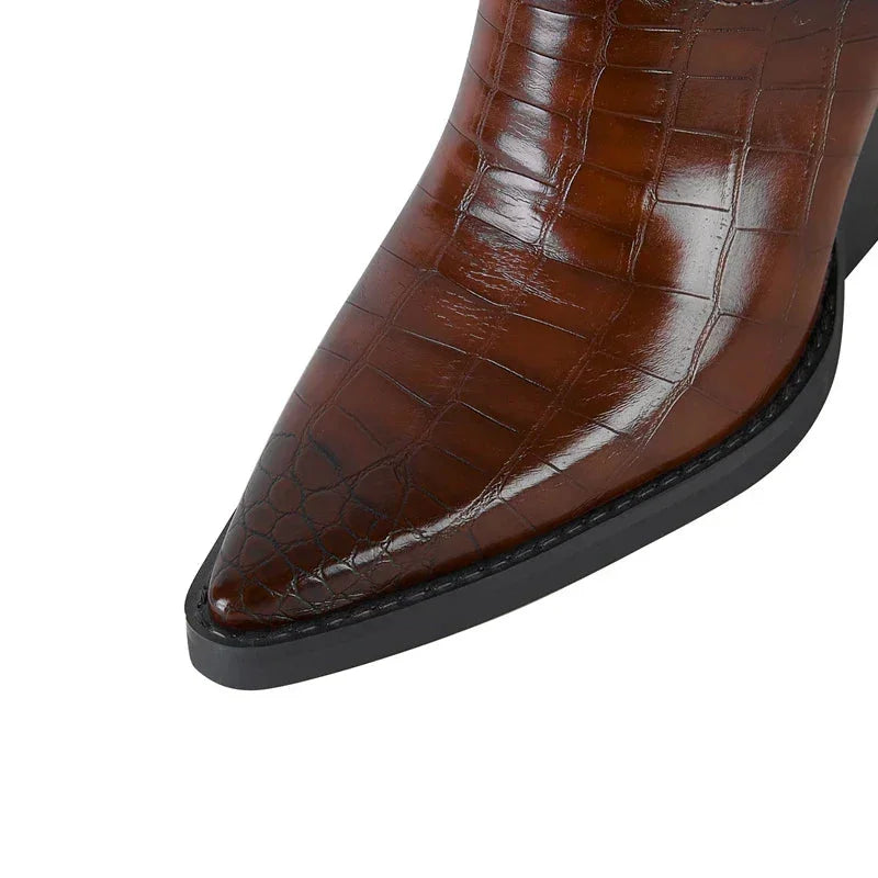 Boots Women Croc Print Pointed Toe Block Heel – Casual