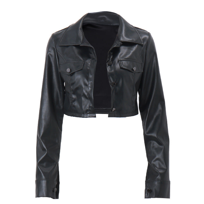 Jacket Women Short Faux Leather with Button Closure – Casual
