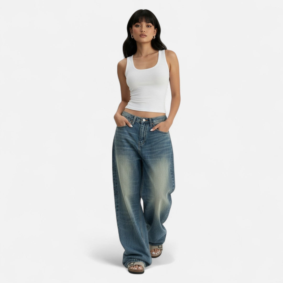 Jeans Women Loose Fit Vintage Wash Straight Leg – Casual