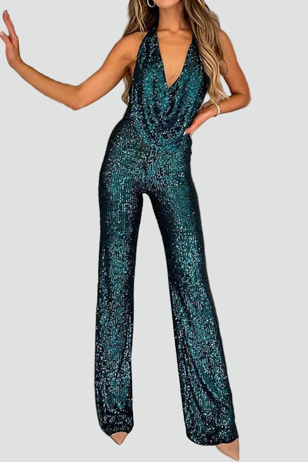 Jumpsuit Women Sequin Waterfall Neckline – Party