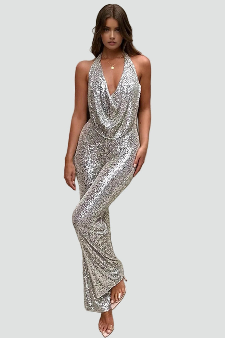 Jumpsuit Women Sequin Waterfall Neckline – Party