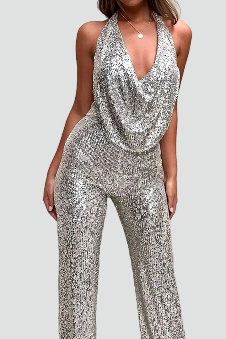 Jumpsuit Women Sequin Waterfall Neckline – Party