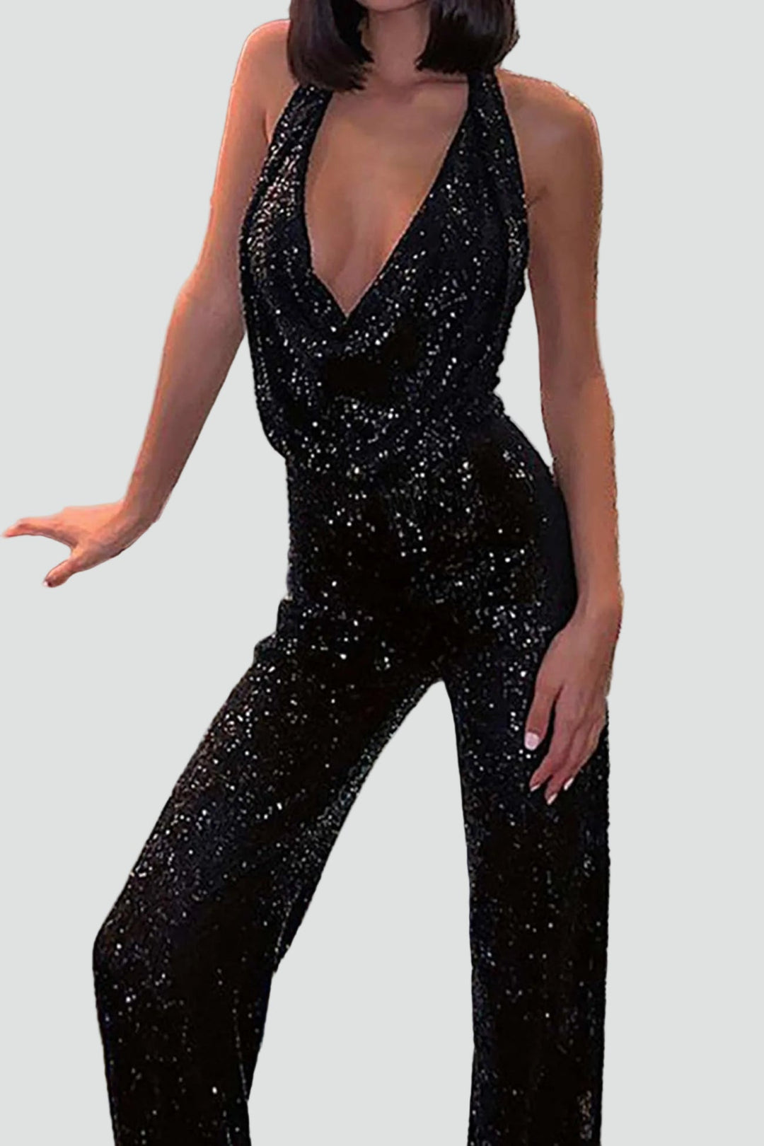 Jumpsuit Women Sequin Waterfall Neckline – Party