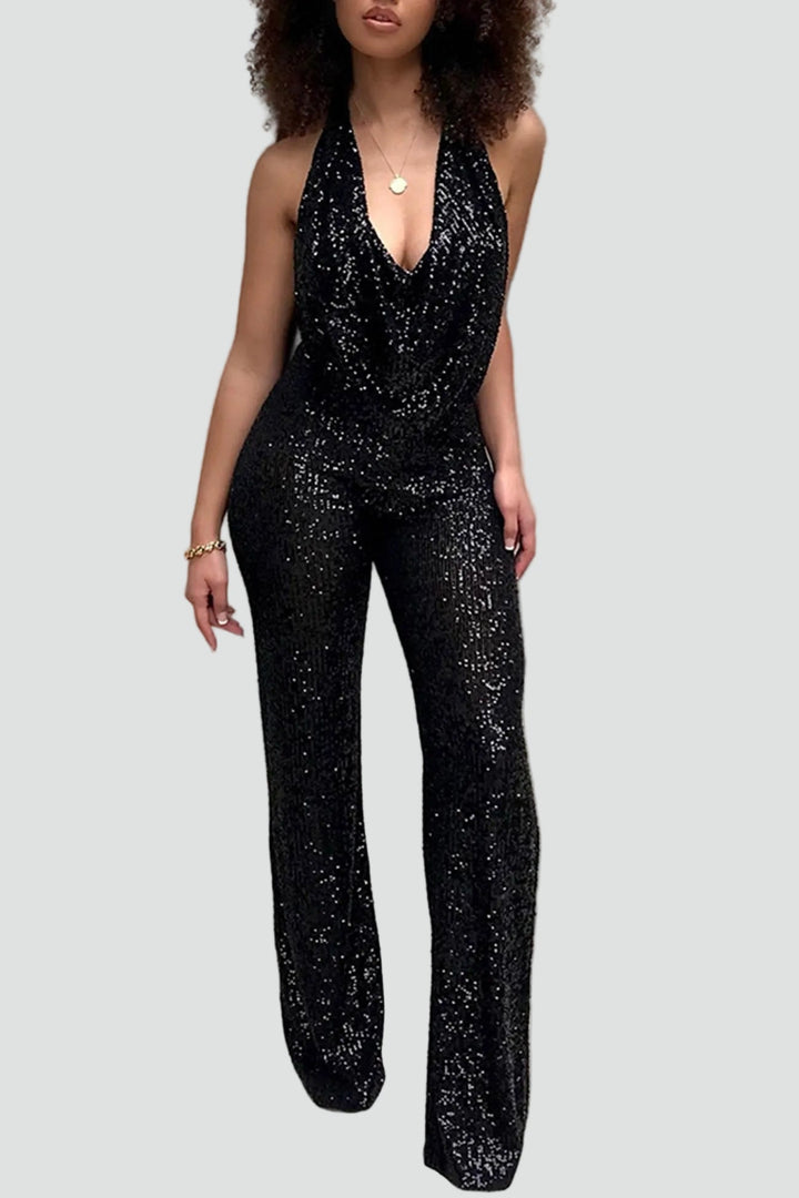 Jumpsuit Women Sequin Waterfall Neckline – Party