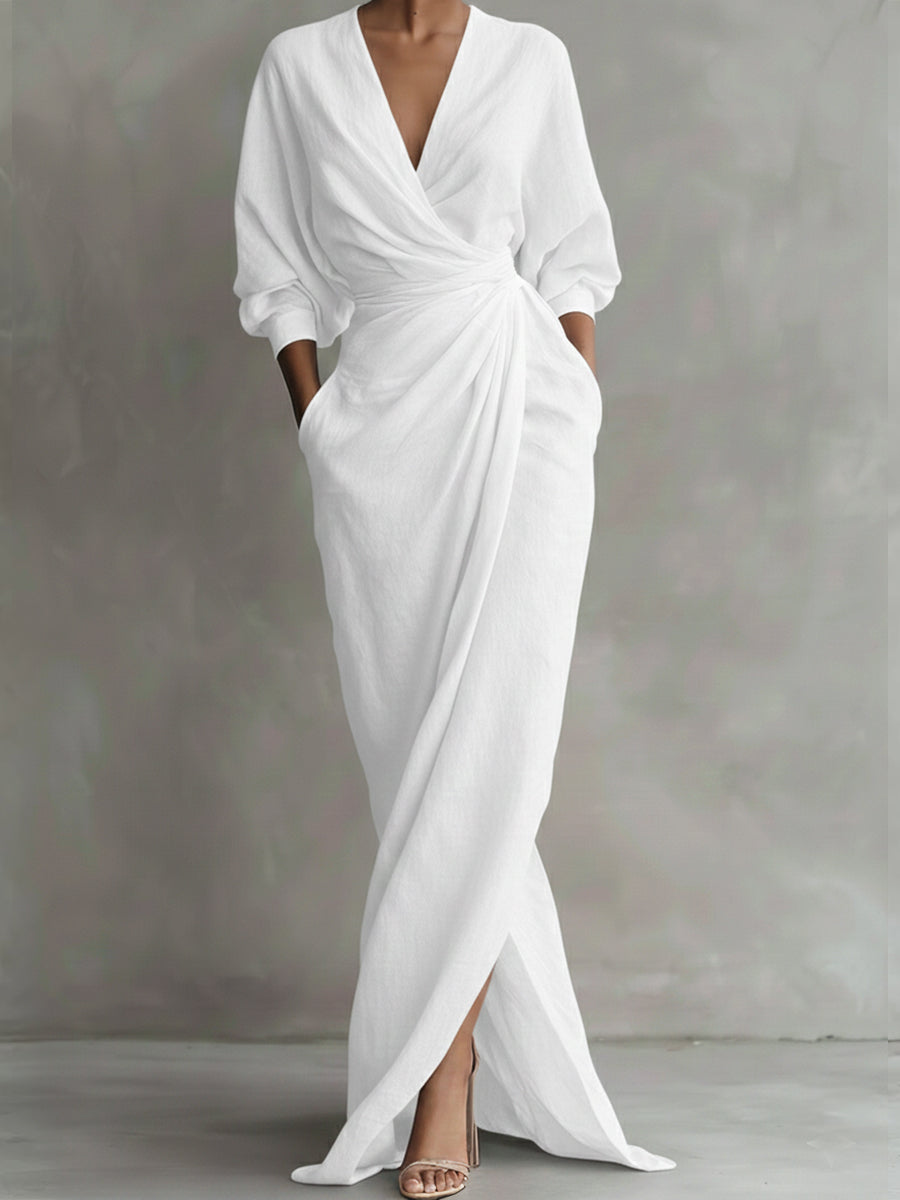Dress Women Loose Fit V-Neck Three-Quarter Sleeve – Casual