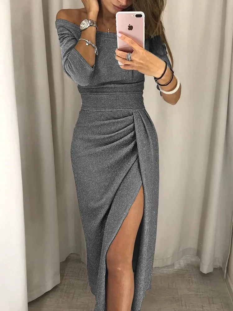 Dress Women Off-Shoulder Glitter Midi Split – Party