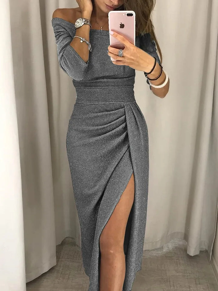 Dress Women Off-Shoulder Glitter Midi Split – Party