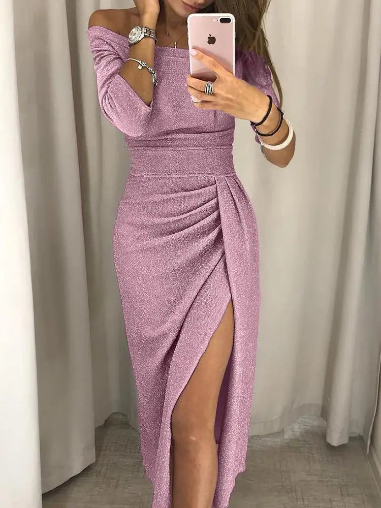 Dress Women Off-Shoulder Glitter Midi Split – Party
