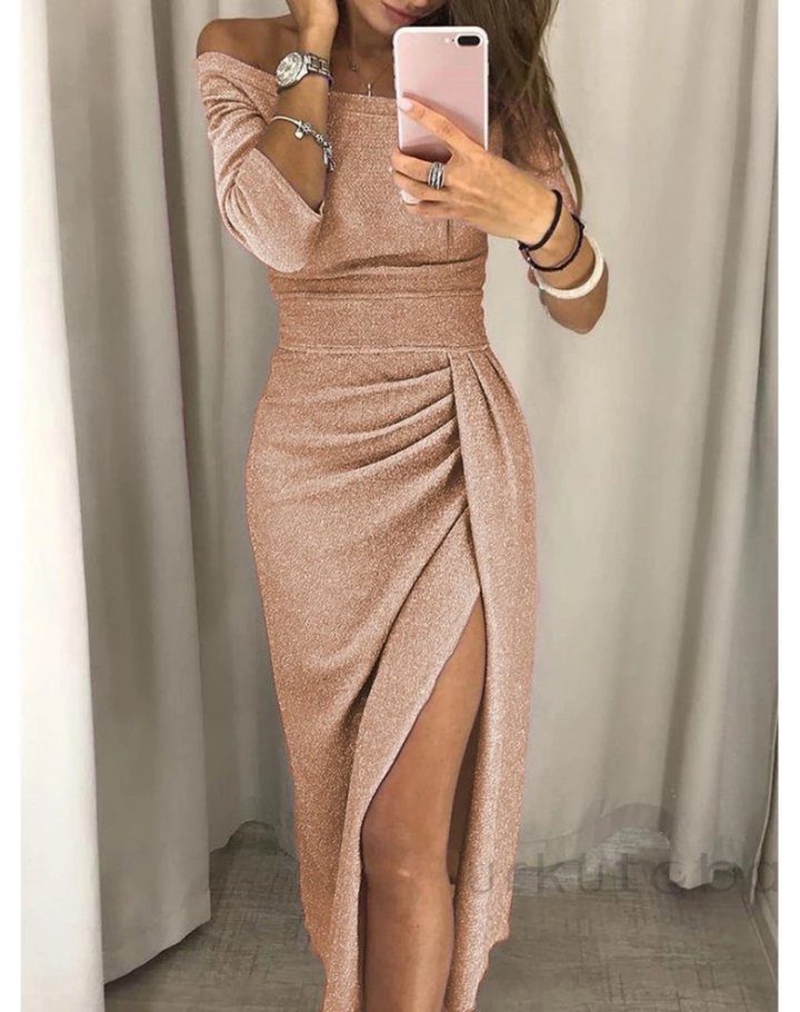 Dress Women Off-Shoulder Glitter Midi Split – Party