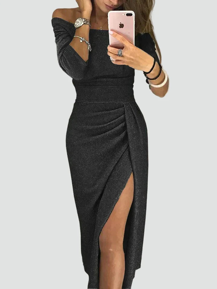 Dress Women Off-Shoulder Glitter Midi Split – Party