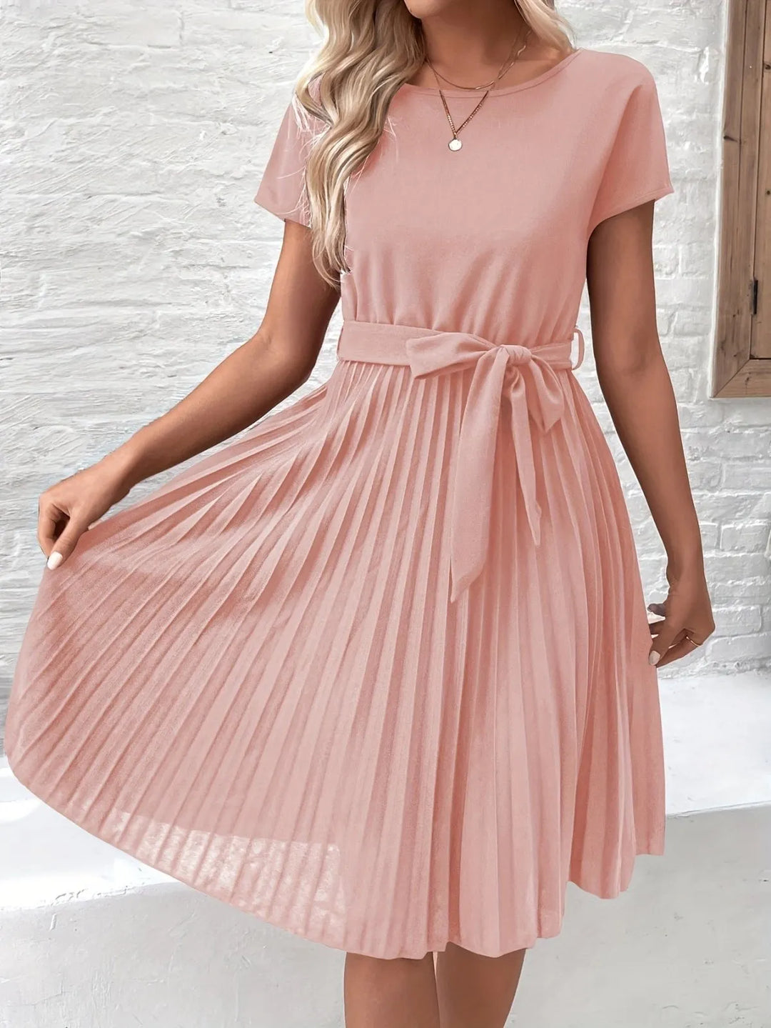 Dress Women Midi Pleated Short Sleeve Tie Waist – Office
