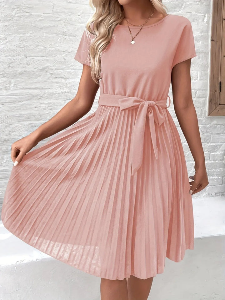Dress Women Midi Pleated Short Sleeve Tie Waist – Office