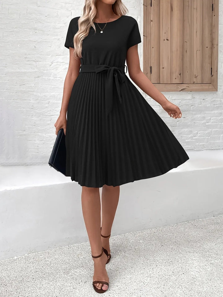 Dress Women Midi Pleated Short Sleeve Tie Waist – Office