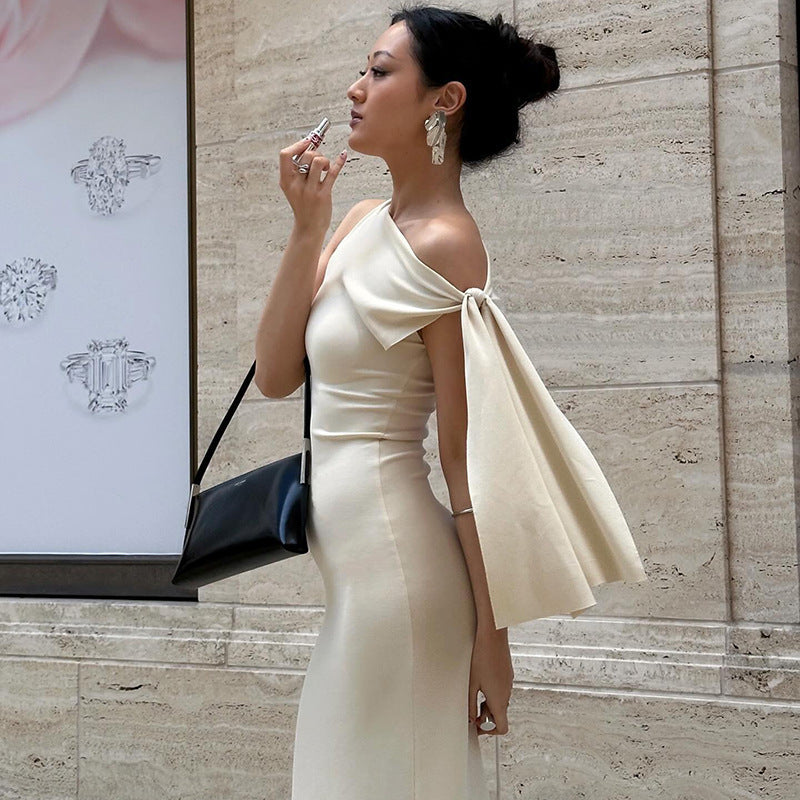 Dress Women Fitted One-Shoulder Bow Detail – Wedding