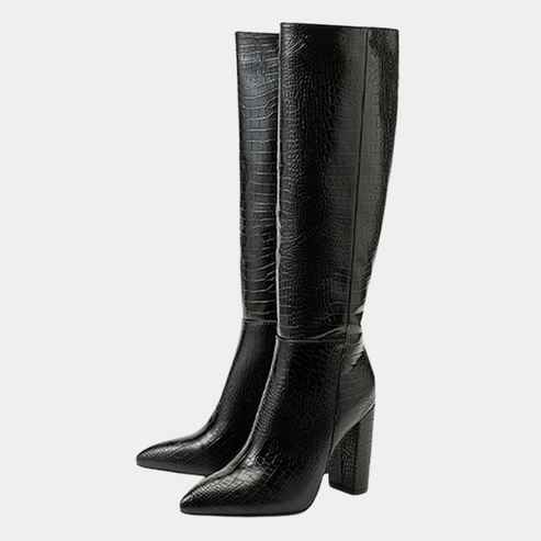Boots Women Knee-High Faux Leather Crocodile Texture Block Heel Zip – Winter