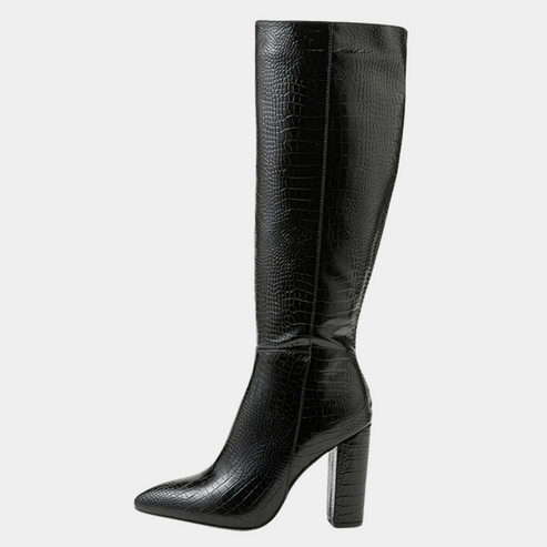 Boots Women Knee-High Faux Leather Crocodile Texture Block Heel Zip – Winter