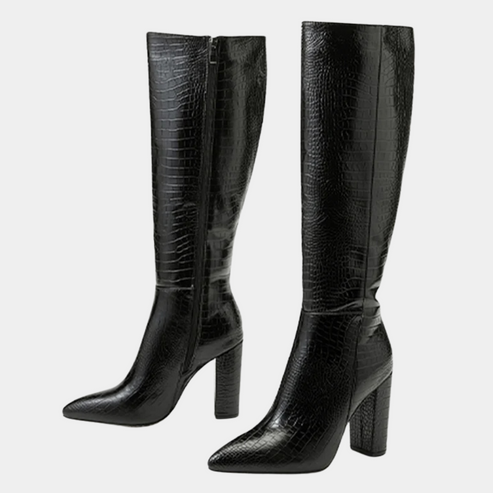 Boots Women Knee-High Faux Leather Crocodile Texture Block Heel Zip – Winter