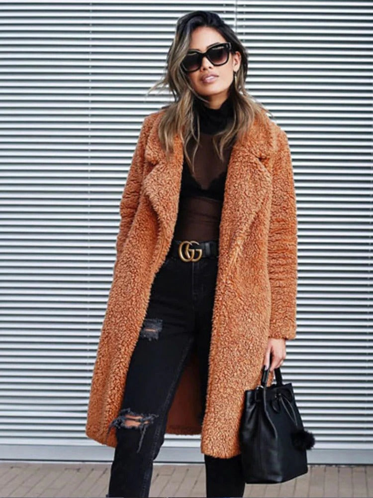 Coat Women Long Teddy with Hidden Pockets – Winter