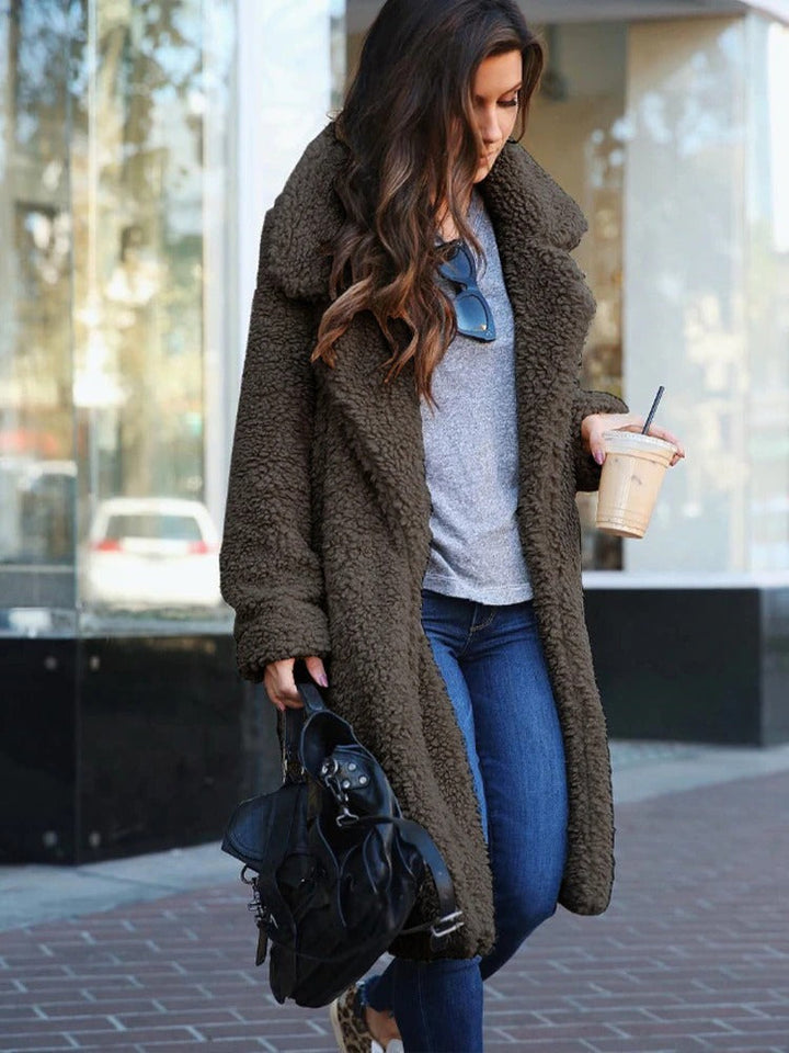 Coat Women Long Teddy with Hidden Pockets – Winter