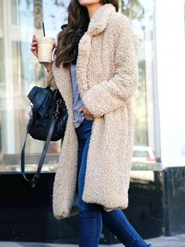 Coat Women Long Teddy with Hidden Pockets – Winter