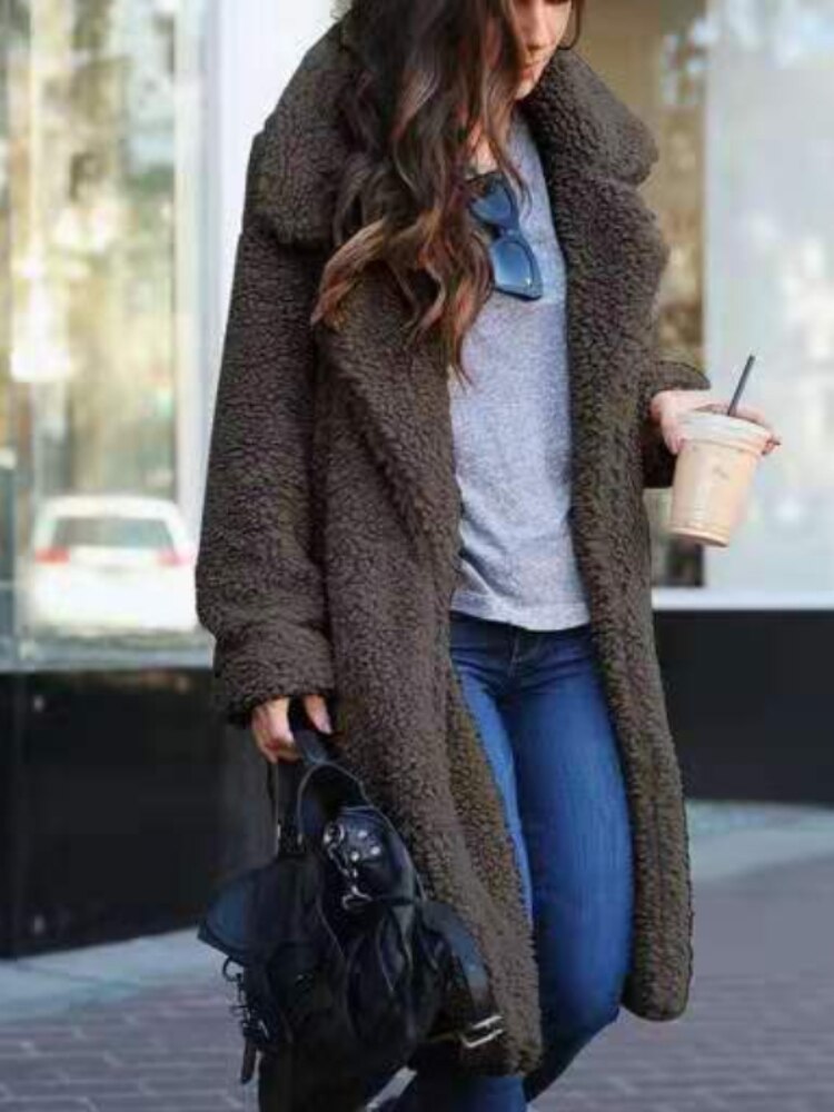 Coat Women Long Teddy with Hidden Pockets – Winter