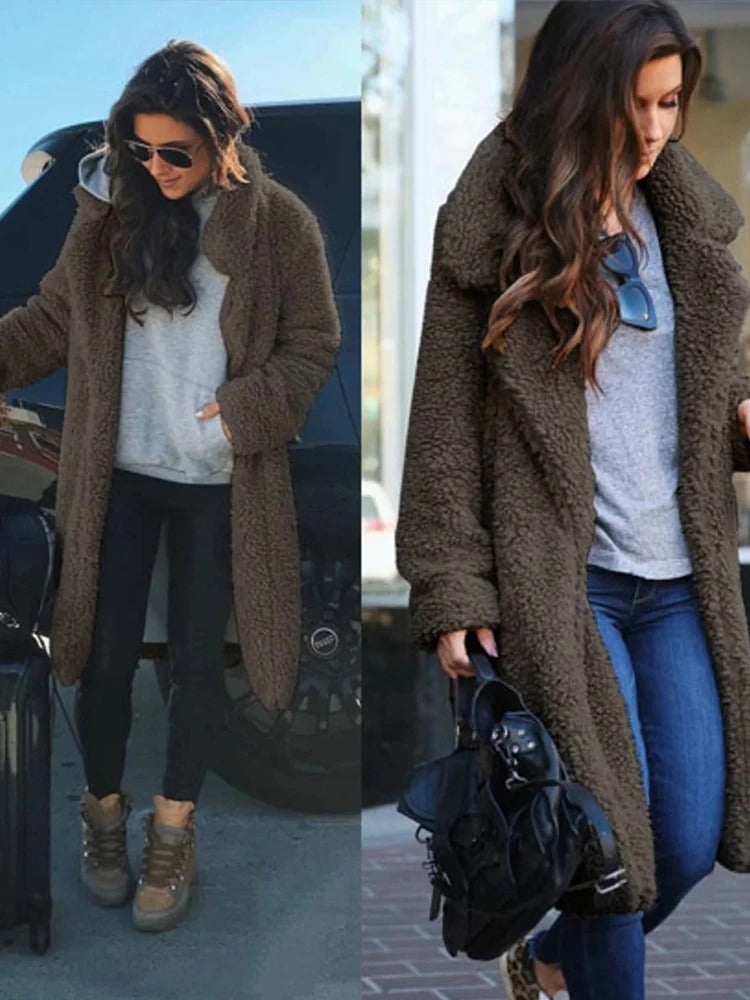 Coat Women Long Teddy with Hidden Pockets – Winter