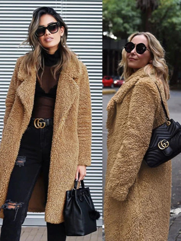 Coat Women Long Teddy with Hidden Pockets – Winter