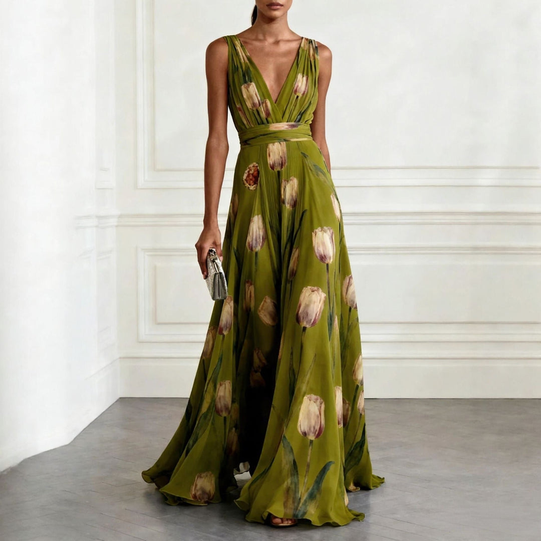 Dress Women Chiffon Floral Print V-Neck Maxi – Summer