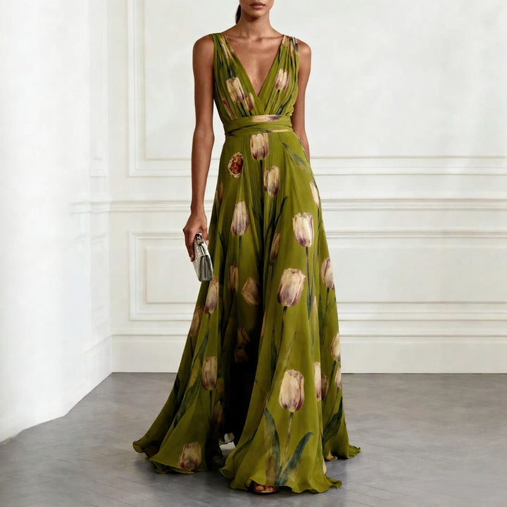 Dress Women Chiffon Floral Print V-Neck Maxi – Summer