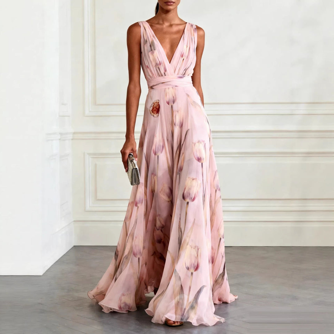 Dress Women Chiffon Floral Print V-Neck Maxi – Summer