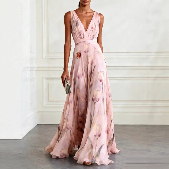 Dress Women Chiffon Floral Print V-Neck Maxi – Summer