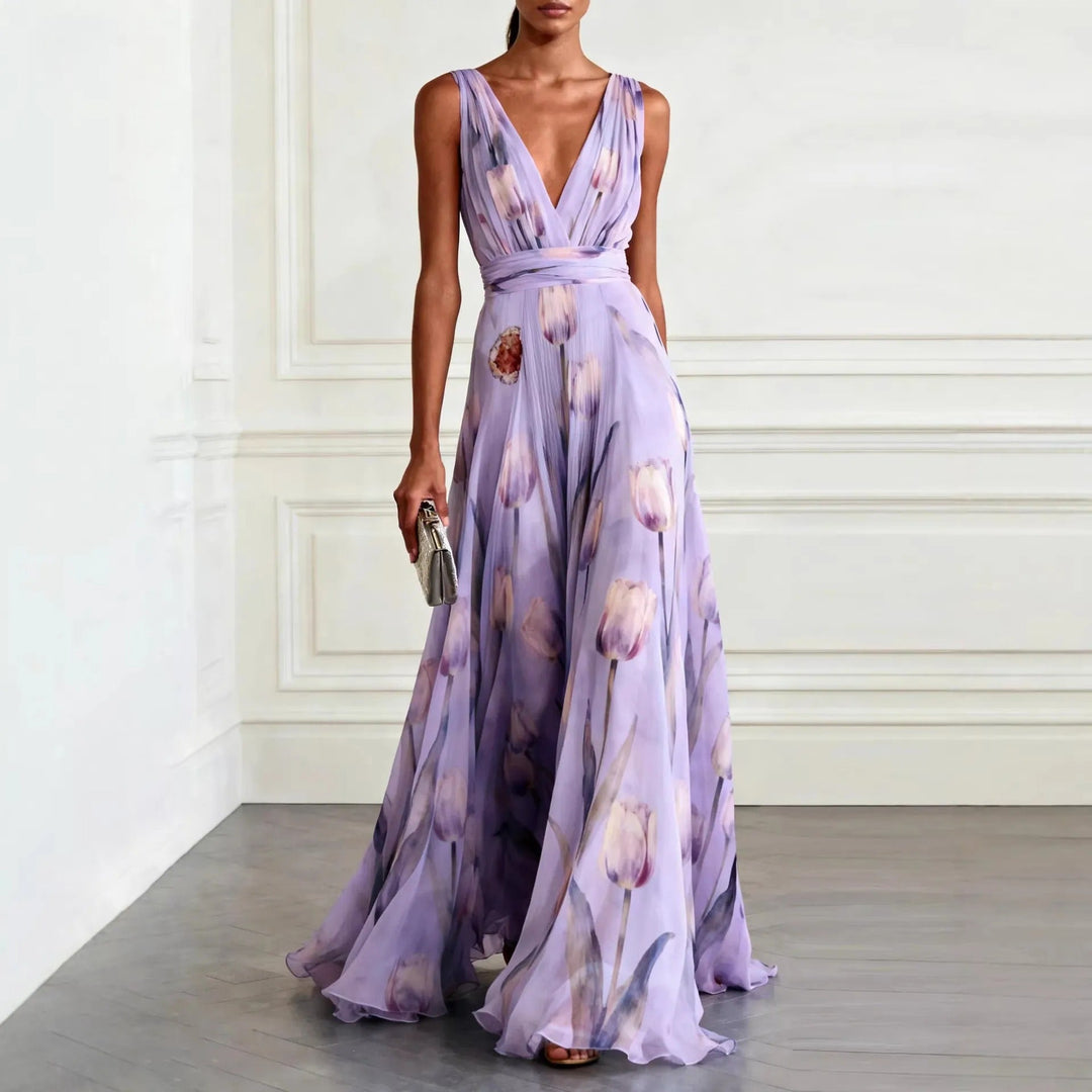 Dress Women Chiffon Floral Print V-Neck Maxi – Summer
